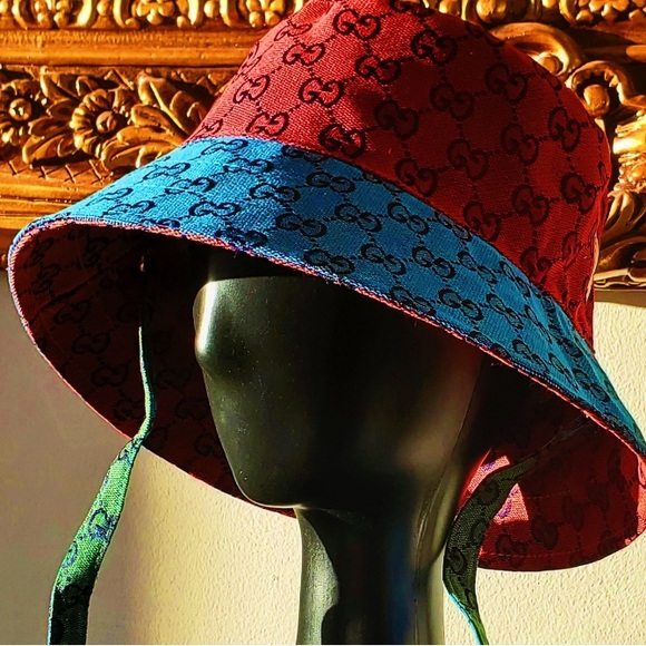 Gucci GG Straps Monogram Bucket Hat Multi-Color Reversible w Leather Logo Patch - Picture 7 of 12